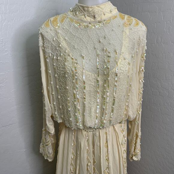 VTG Oleg Cassini Edwardian Silk Dress Wedding Ball Gown Glass Beaded Victorian - Picture 14 of 16